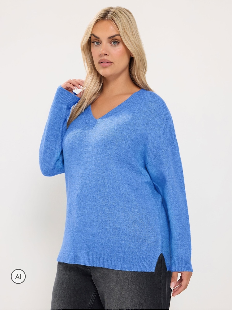 Yours Curve Blue Knitted V-Neckline Jumper - Image 1 of 6