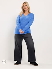 Yours Curve Blue Knitted V-Neckline Jumper - Image 2 of 6