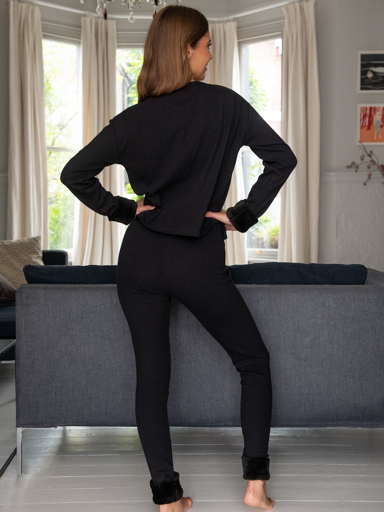 Pour Moi Black Faux Fur Trim Rib Jersey Loungewear Set - Image 2 of 4