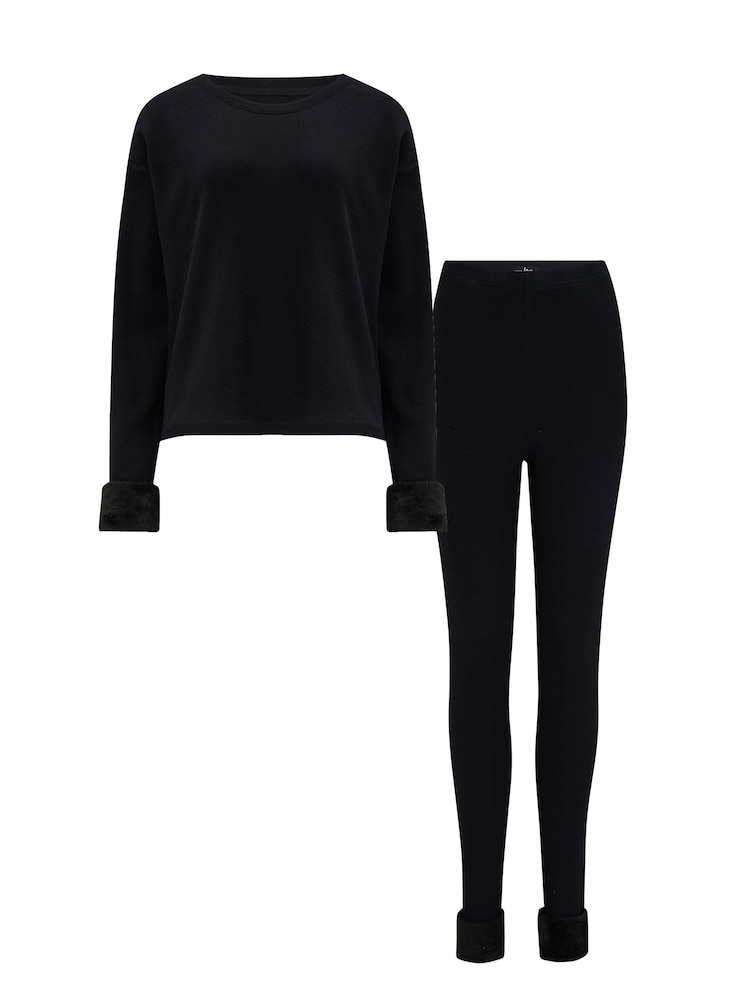 Pour Moi Black Faux Fur Trim Rib Jersey Loungewear Set - Image 4 of 4