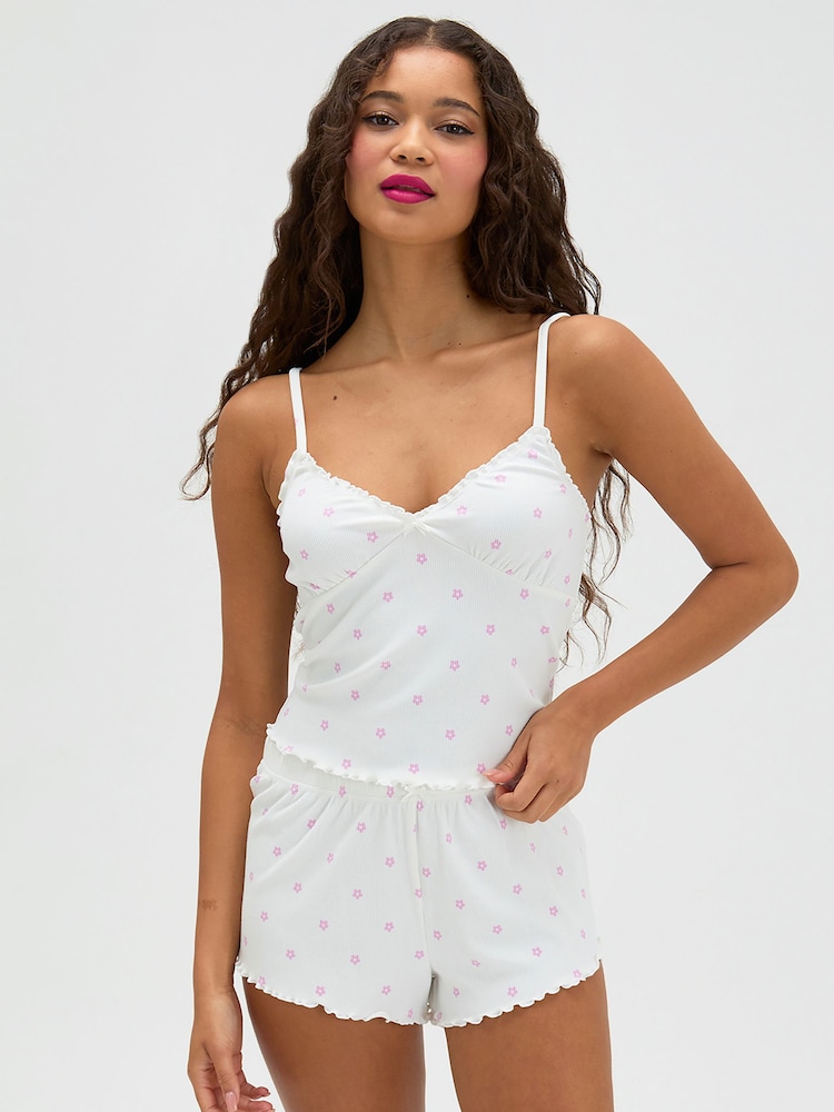 Boux Avenue White Daisy Ribbed Short Pyjama Set - Image 1 of 5