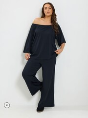 Yours Curve Black Co-ord Slash Neck T-Shirt And Trousers Set - Image 1 of 6