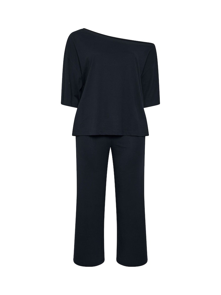 Yours Curve Black Co-ord Slash Neck T-Shirt And Trousers Set - Image 1 of 6