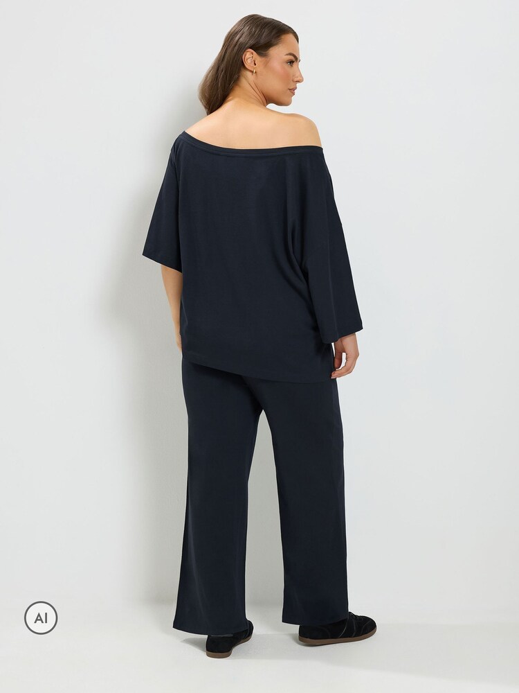 Yours Curve Black Co-ord Slash Neck T-Shirt And Trousers Set - Image 2 of 6
