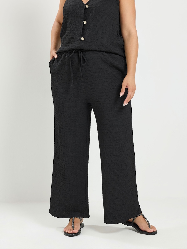 Yours Curve Black Co-ord Textured Drawstring Trousers - Image 1 of 6