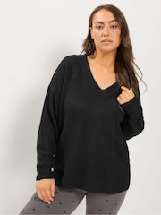 Yours Curve Black Knitted V-Neckline Jumper - Image 1 of 4