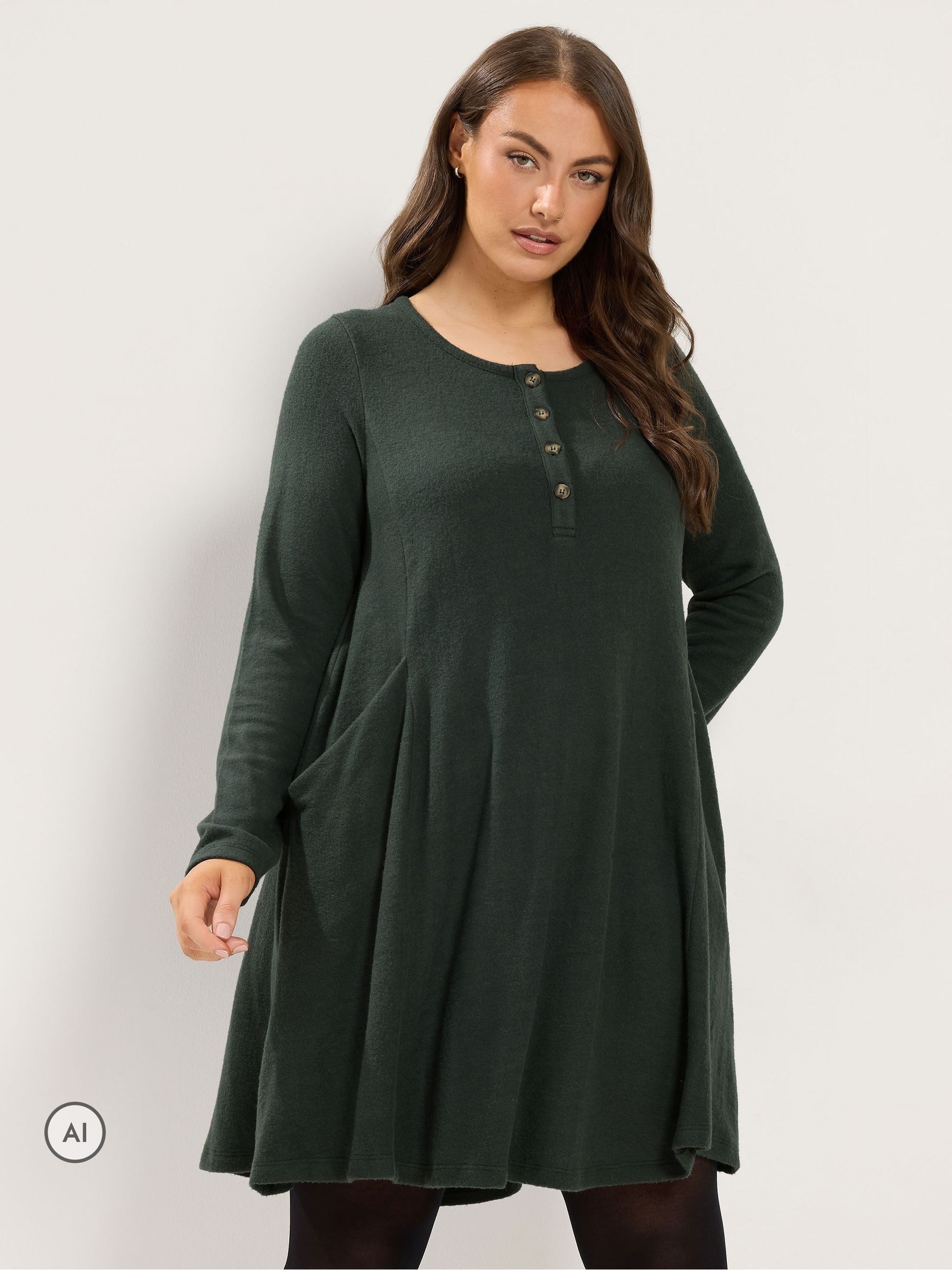 Yours Women's Green Curve Henley Drape Pocket Dress - Image 3