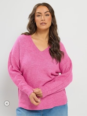 Yours Curve Pink Knitted V-Neckline Jumper - Image 1 of 7