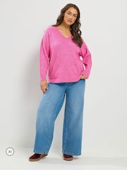 Yours Curve Pink Knitted V-Neckline Jumper - Image 2 of 7