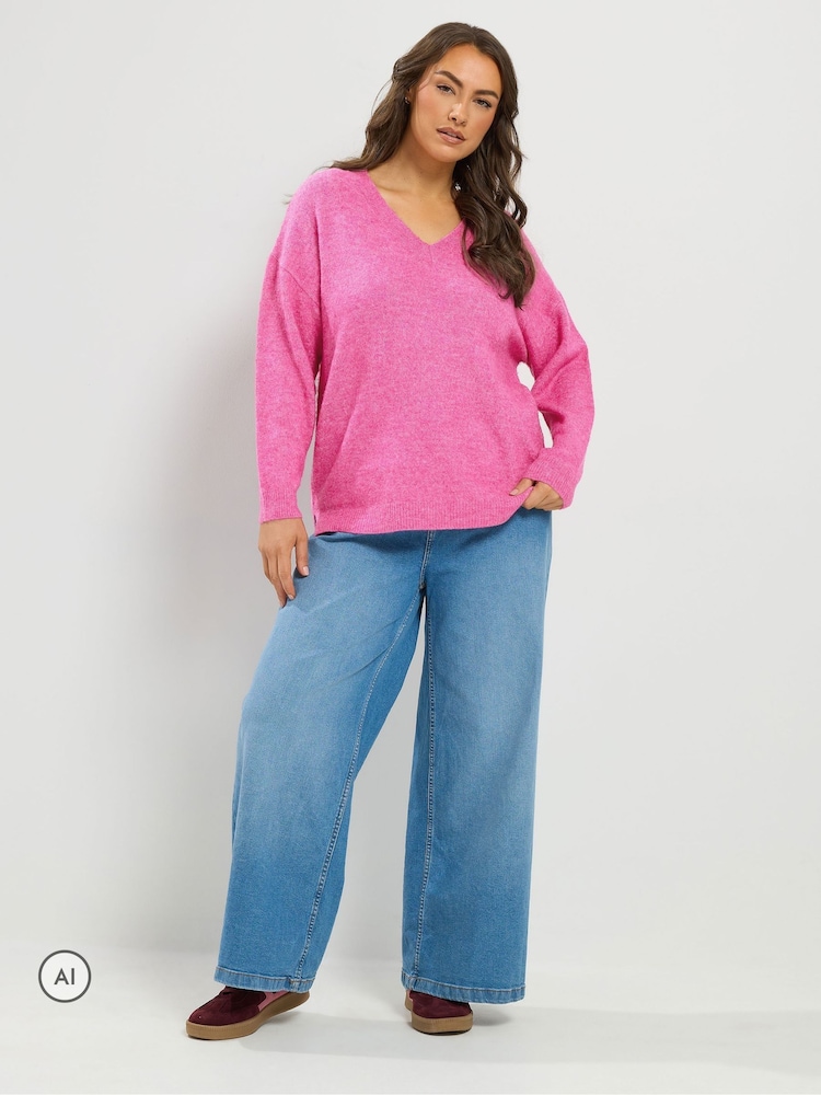 Yours Curve Pink Knitted V-Neckline Jumper - Image 2 of 7 Yours Curve Pink Knitted V-Neckline Jumper - Image 2 of 7
