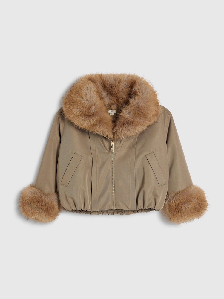 River Island Green Faux Fur Collar Bomber Jacket - Image 1 of 4