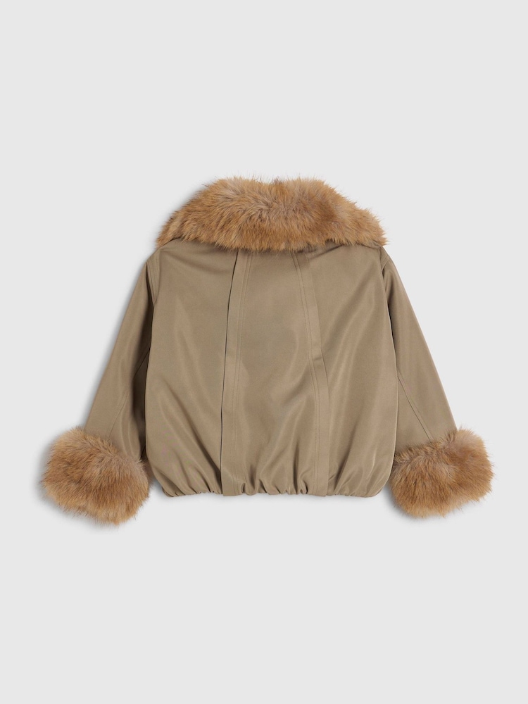 River Island Green Faux Fur Collar Bomber Jacket - Image 2 of 4