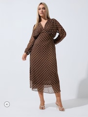 Yours Curve Brown Limited Polka Dot Tie Chiffon Dress - Image 1 of 6