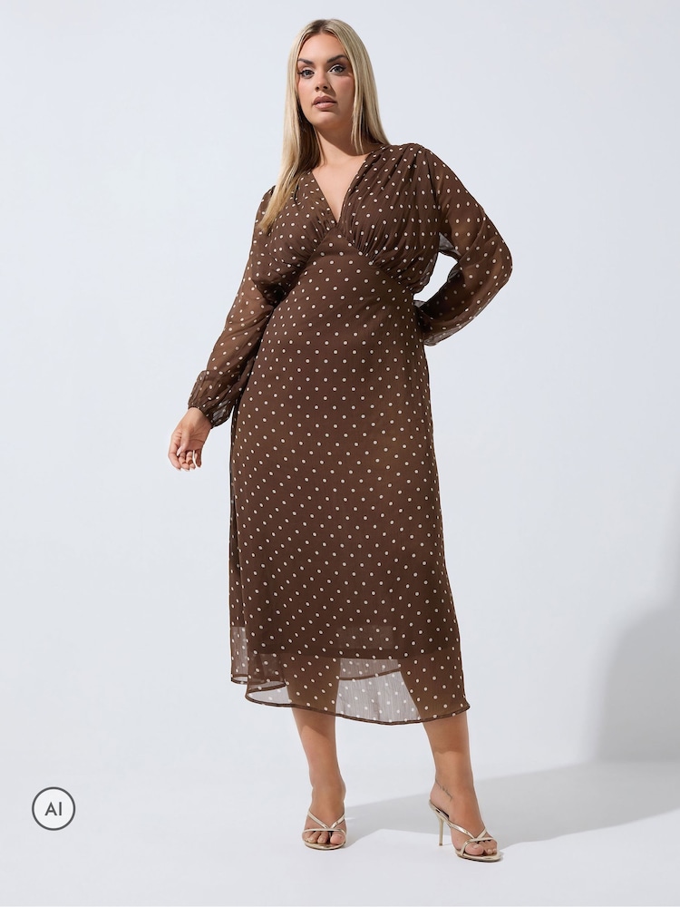 Yours Curve Brown Limited Polka Dot Tie Chiffon Dress - Image 1 of 6