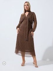 Yours Curve Brown Limited Polka Dot Tie Chiffon Dress - Image 2 of 6