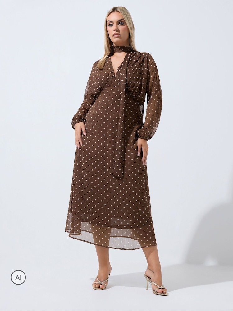 Yours Curve Brown Limited Polka Dot Tie Chiffon Dress - Image 2 of 6