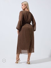 Yours Curve Brown Limited Polka Dot Tie Chiffon Dress - Image 3 of 6