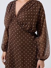 Yours Curve Brown Limited Polka Dot Tie Chiffon Dress - Image 4 of 6