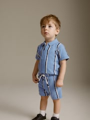 Blue Vertical Stripe Quarter Zip Polo 100% Cotton Shirt and Shorts Set (3mths-7yrs) - Image 2 of 9
