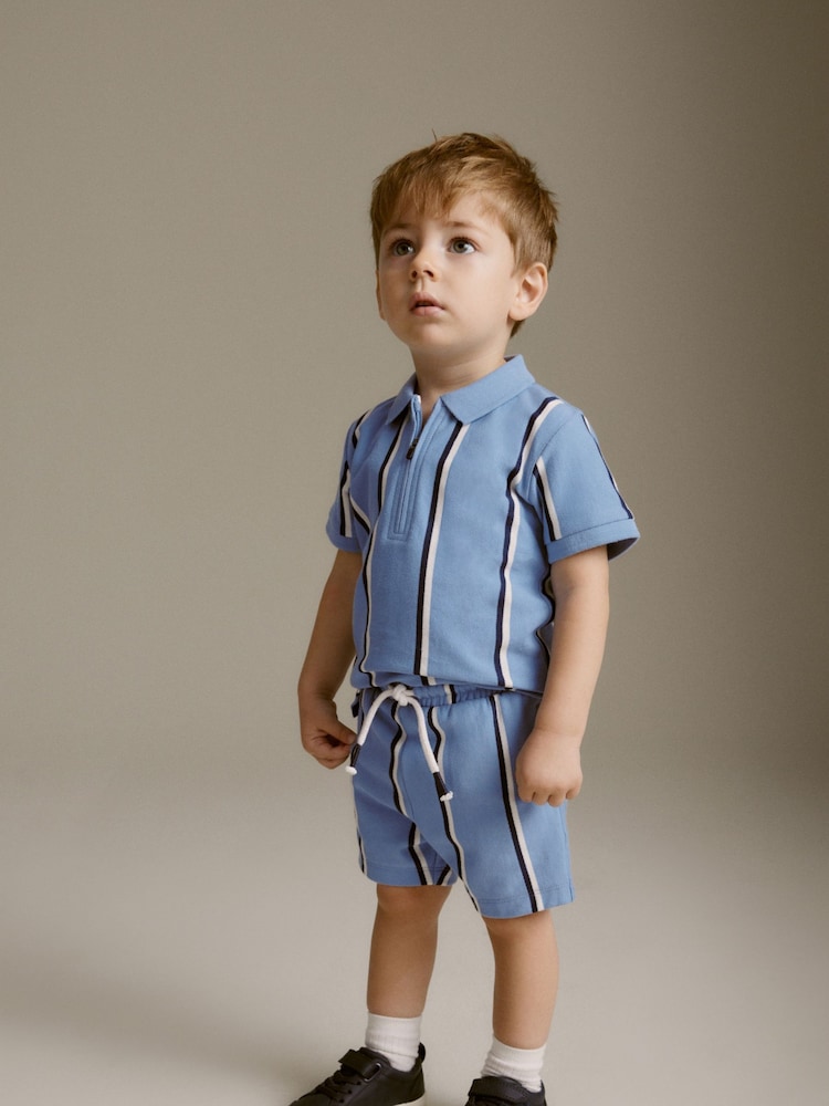 Blue Vertical Stripe Quarter Zip Polo 100% Cotton Shirt and Shorts Set (3mths-7yrs) - Image 2 of 9