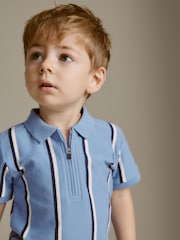 Blue Vertical Stripe Quarter Zip Polo 100% Cotton Shirt and Shorts Set (3mths-7yrs) - Image 4 of 9