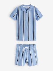 Blue Vertical Stripe Quarter Zip Polo 100% Cotton Shirt and Shorts Set (3mths-7yrs) - Image 6 of 9