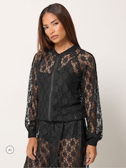 PixieGirl Petite Black Lace Bomber Jacket - Image 1 of 6