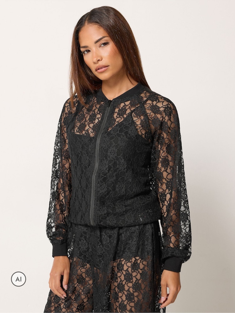 PixieGirl Petite Black Lace Bomber Jacket - Image 1 of 6