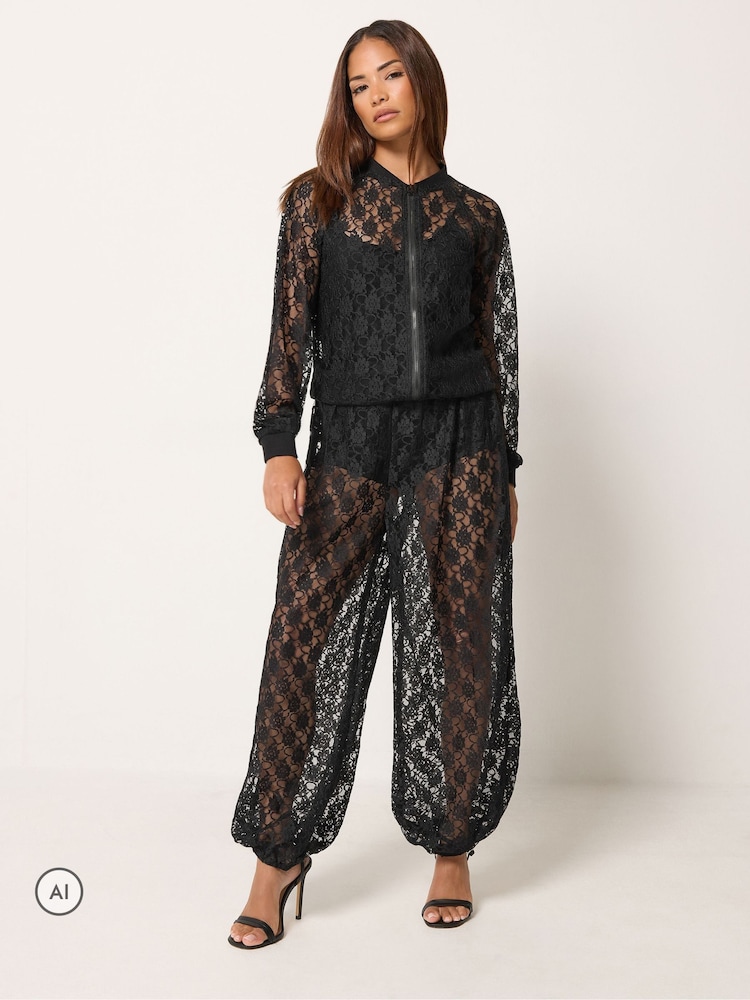 PixieGirl Petite Black Lace Bomber Jacket - Image 2 of 6