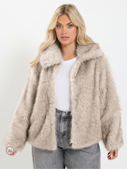 Yours Curve Grey Faux Fur Tipped Coat - Image 1 of 7