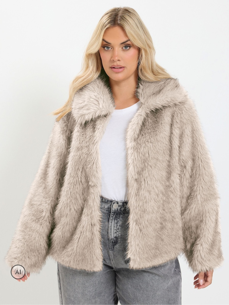 Yours Curve Grey Faux Fur Tipped Coat - Image 1 of 7