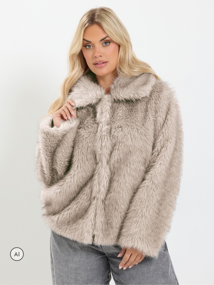 Yours Curve Grey Faux Fur Tipped Coat - Image 2 of 7