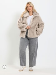 Yours Curve Grey Faux Fur Tipped Coat - Image 3 of 7