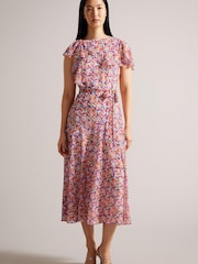 Ted Baker Priiyah Midi Belted White Tea Dress with Ruffles - Image 1 of 5
