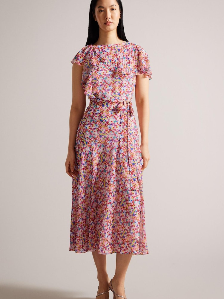 Ted Baker Priiyah Midi Belted White Tea Dress with Ruffles - Image 1 of 5