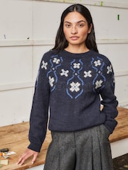 Celtic & Co. Blue British Wool Abstract Floral Jumper - Image 3 of 7