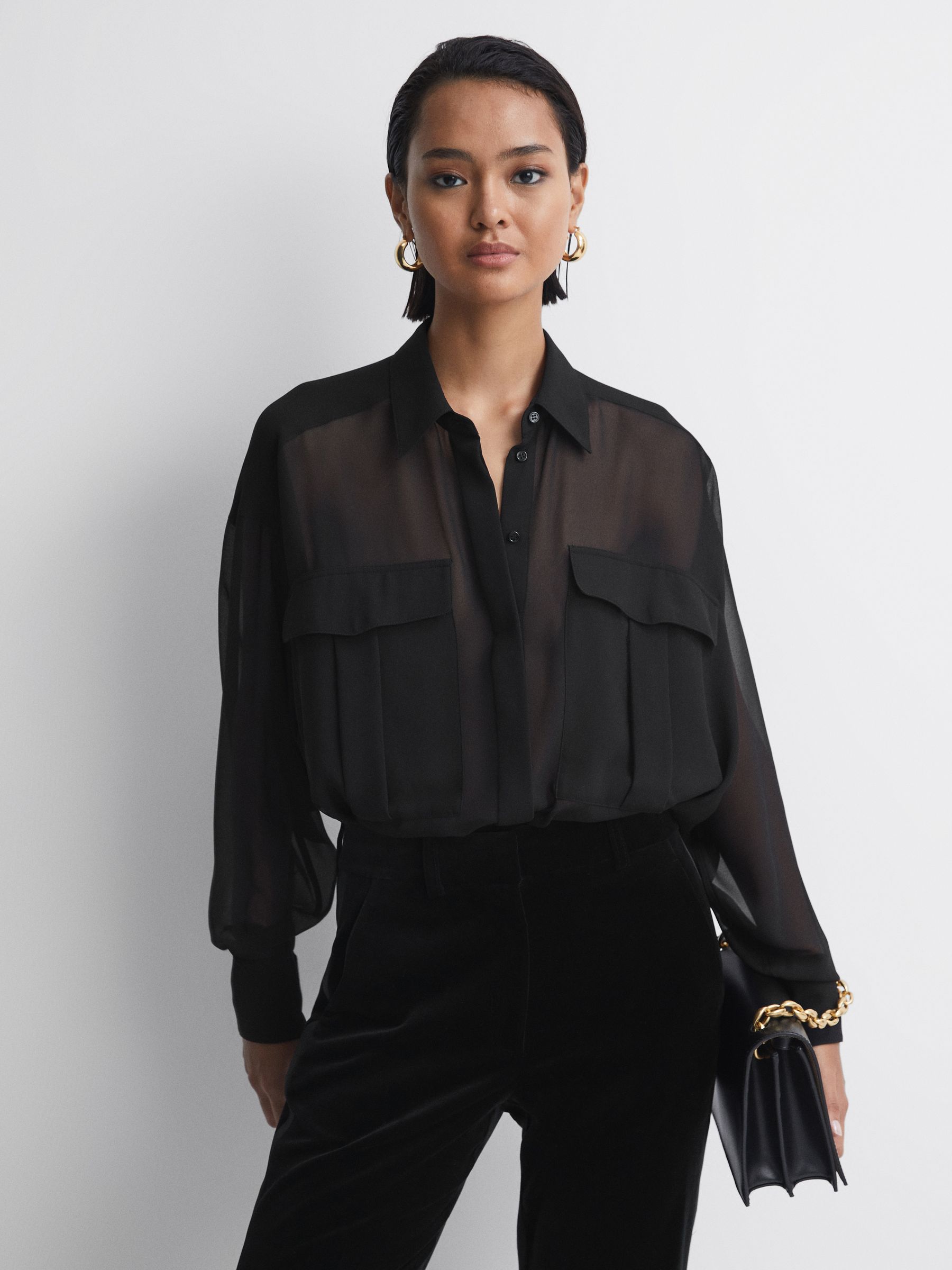 スペシャルオファ Oversized Adaline Black Reiss Buy Sheer Shirt Button-Through トップス
