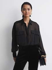Reiss Black Adaline Oversized Sheer Button-Through Shirt - Image 1 of 5