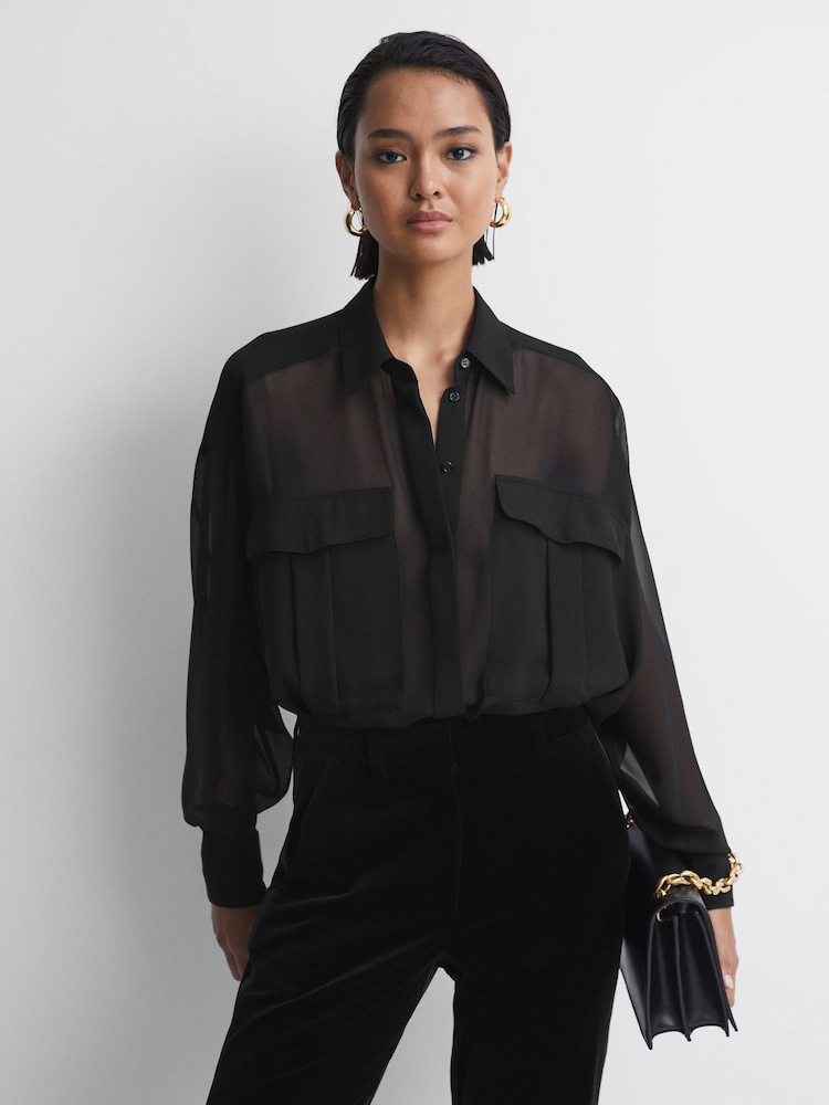 Reiss Black Adaline Oversized Sheer Button-Through Shirt - Image 1 of 5