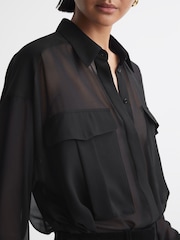 Reiss Black Adaline Oversized Sheer Button-Through Shirt - Image 4 of 5