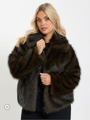 Yours Curve Brown Faux Fur Tipped Coat - Image 1 of 7