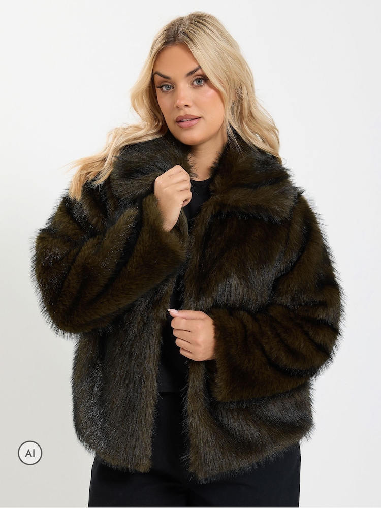 Yours Curve Brown Faux Fur Tipped Coat - Image 1 of 7