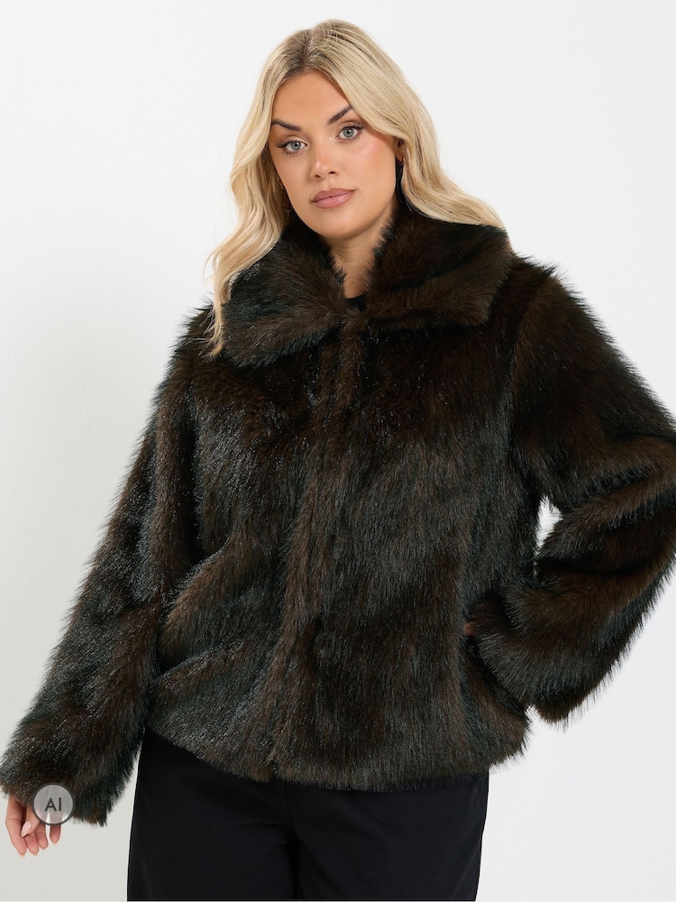 Yours Curve Brown Faux Fur Tipped Coat - Image 2 of 7