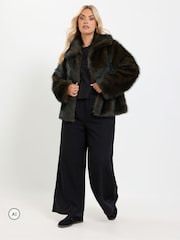 Yours Curve Brown Faux Fur Tipped Coat - Image 3 of 7