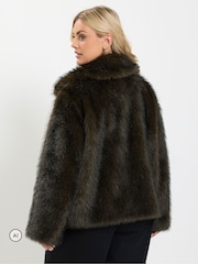 Yours Curve Brown Faux Fur Tipped Coat - Image 4 of 7