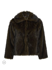 Yours Curve Brown Faux Fur Tipped Coat - Image 6 of 7