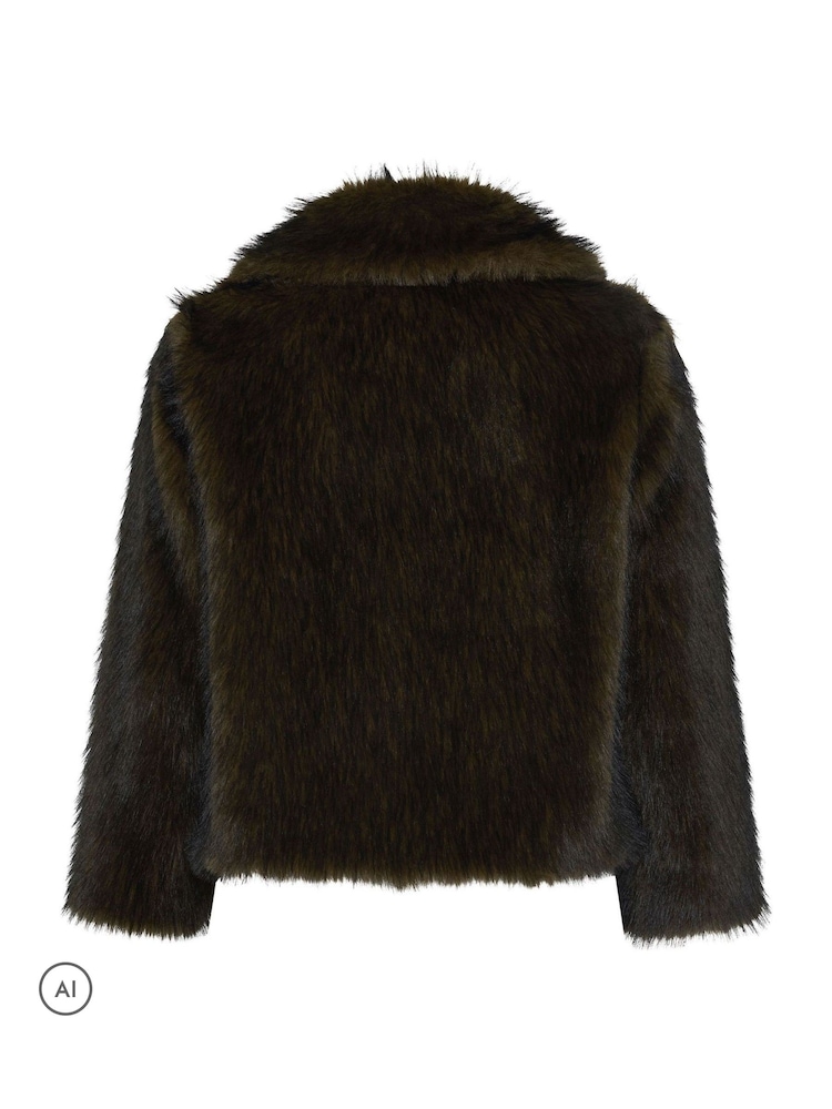 Yours Curve Brown Faux Fur Tipped Coat - Image 7 of 7
