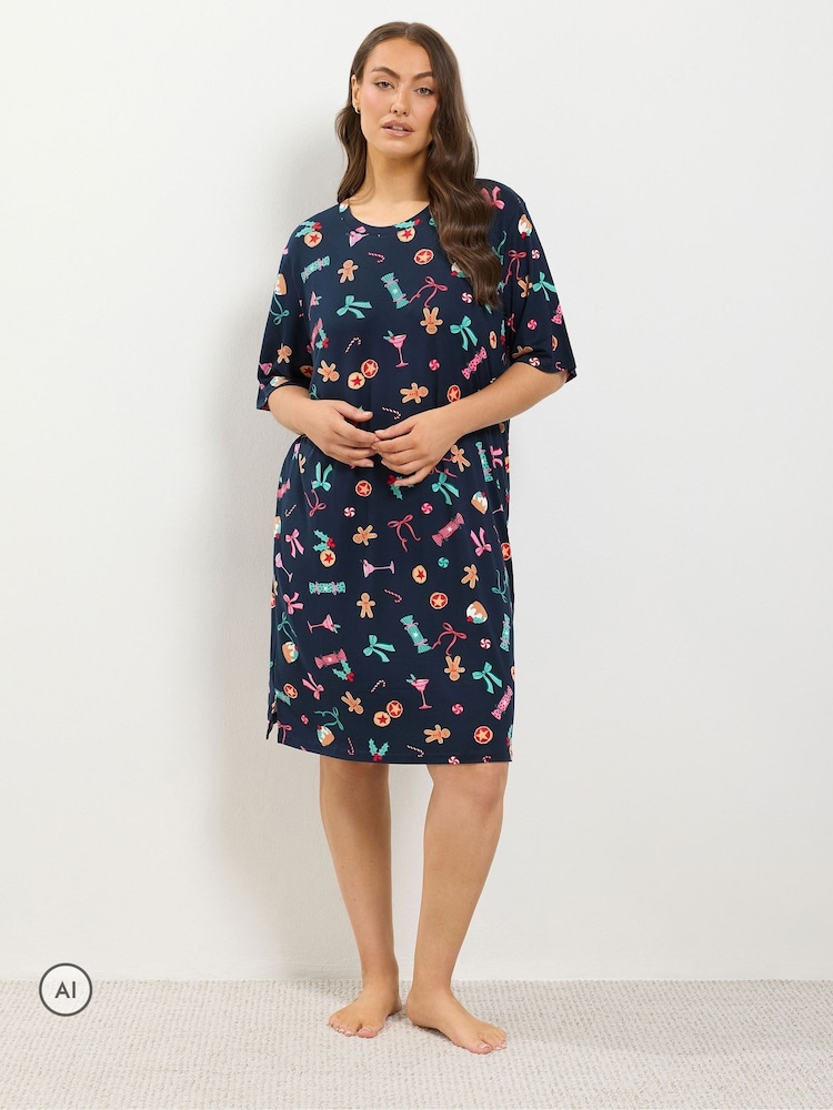 Yours Curve Blue Christmas Print Soft Touch Nightdress - Image 1 of 6 Yours Curve Blue Christmas Print Soft Touch Nightdress - Image 1 of 6