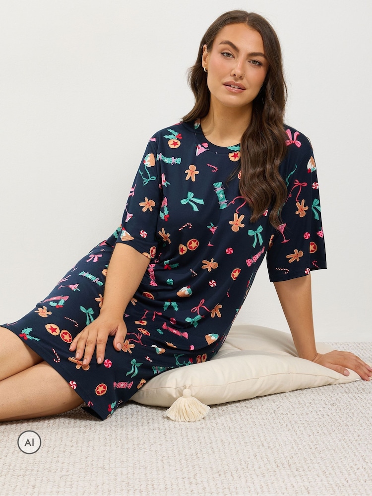 Yours Curve Blue Christmas Print Soft Touch Nightdress - Image 2 of 6 Yours Curve Blue Christmas Print Soft Touch Nightdress - Image 2 of 6