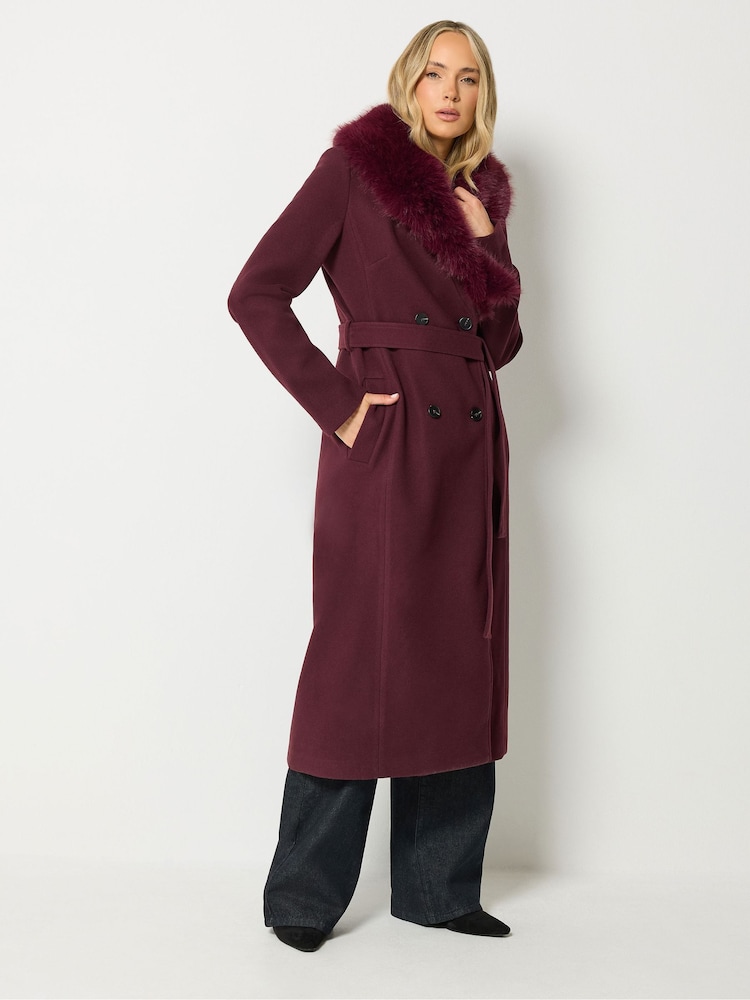 Long Tall Sally Red Faux Fur Collar Midi Coat - Image 1 of 7 Long Tall Sally Red Faux Fur Collar Midi Coat - Image 1 of 7